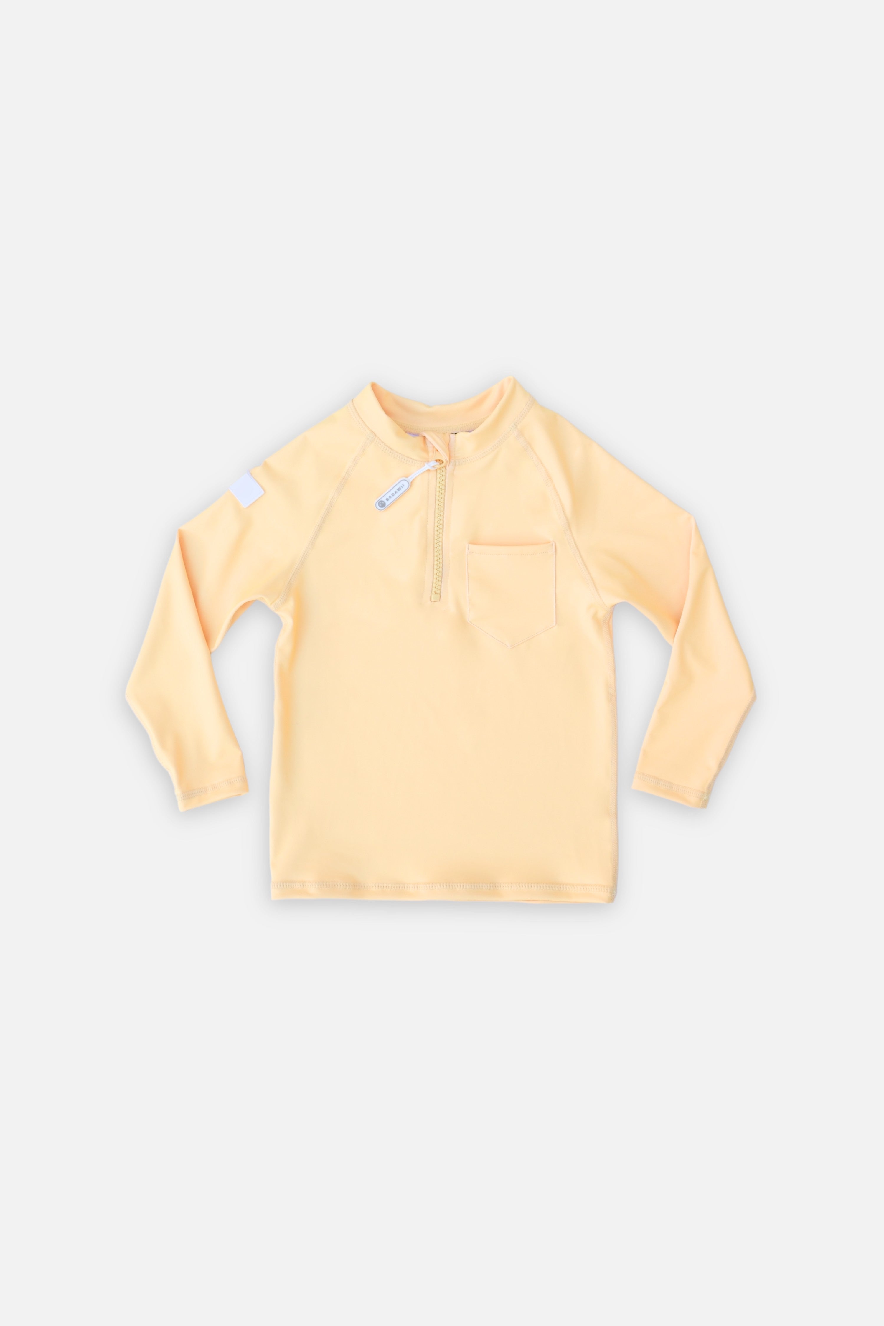 A long-sleeve sunshine yellow UV T-shirt for children, displayed against a white background.
