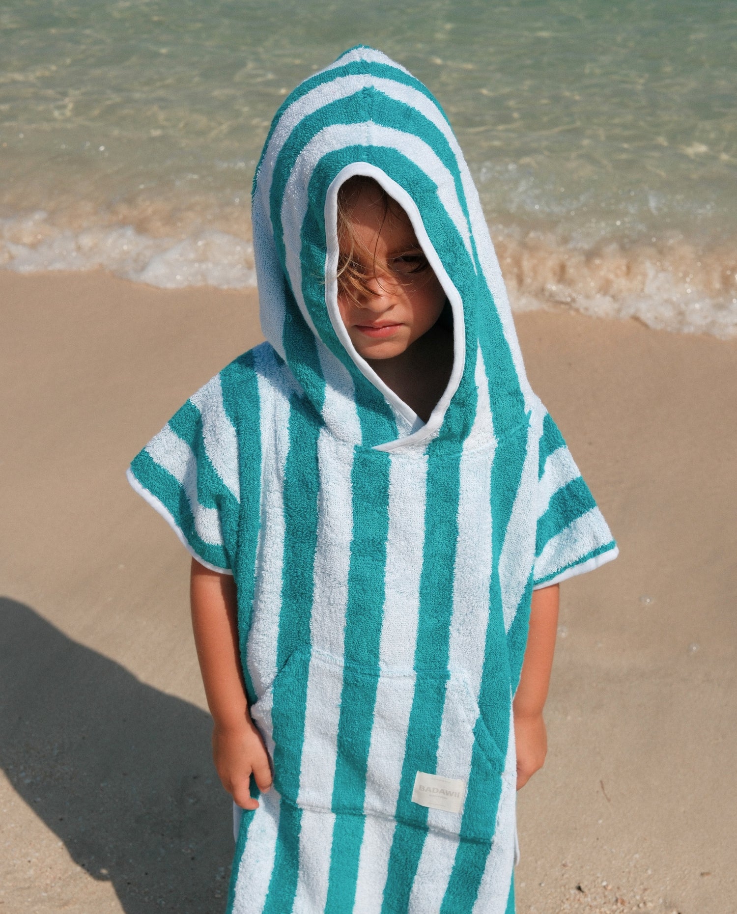 KIDS TOWEL PONCHO - Green Stripes