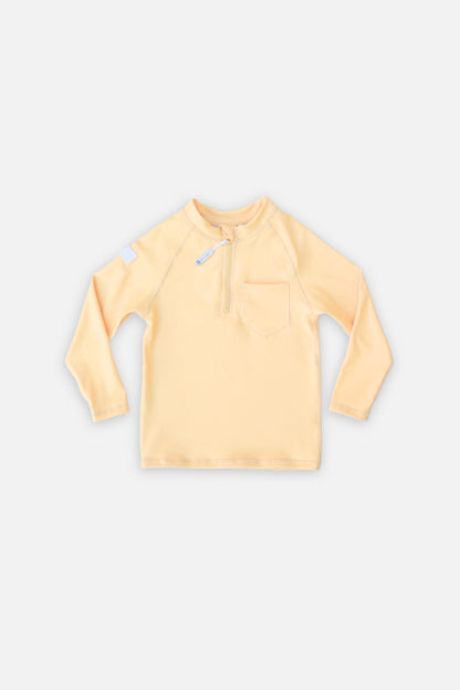 A long-sleeve sunshine yellow UV T-shirt for children, displayed against a white background.